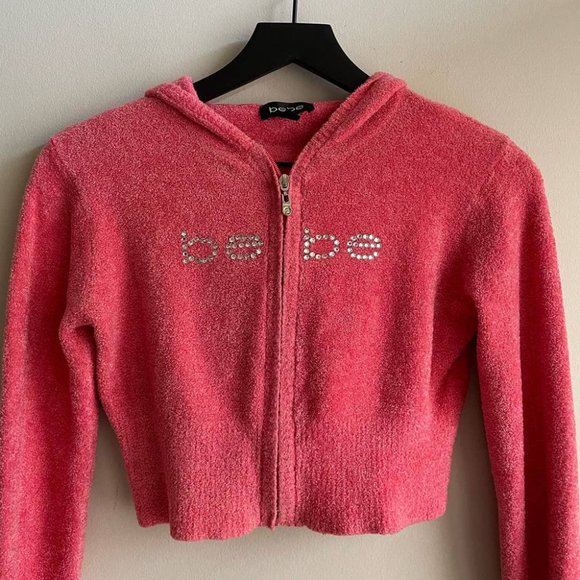 Bebe Y2K Teddy Ultra Crop Long Sleeve Zip Hoodie furry fuzzy soft pink coral - Picture 2 of 4